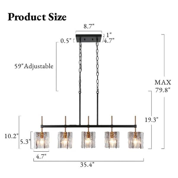 dimension image slide 2 of 3, Kasy Modern 5-Light Linear Chandelier Textured Glass Kitchen Island Light Art Deco
