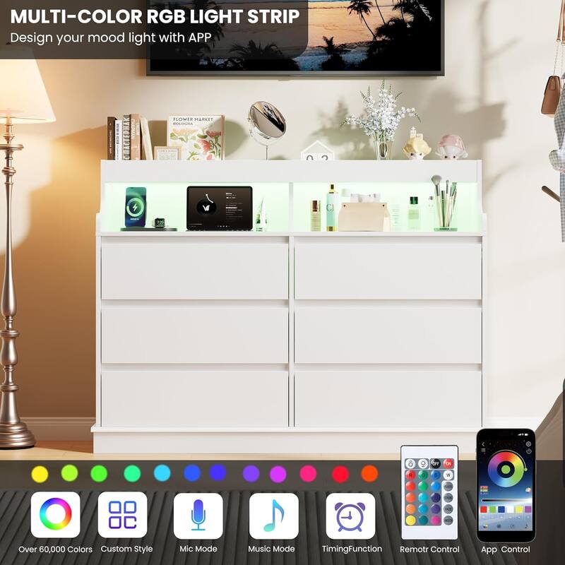 6-Drawer Dresser w/ LED Lights & Charging Station, Wide Storage Cabinet