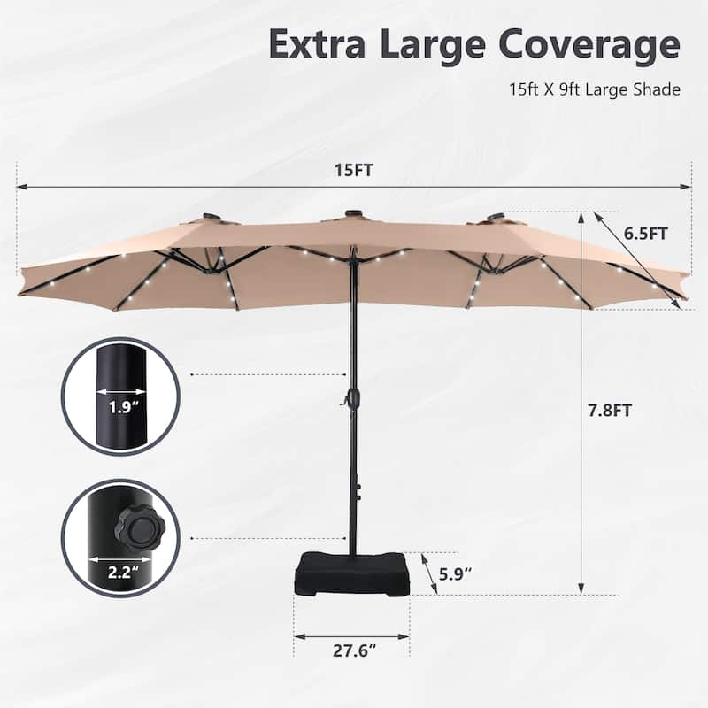 15ft Patio Umbrella Double-Sided Outdoor Extra Large Crank Lift Umbrella with Solar Led Lights and Base Included