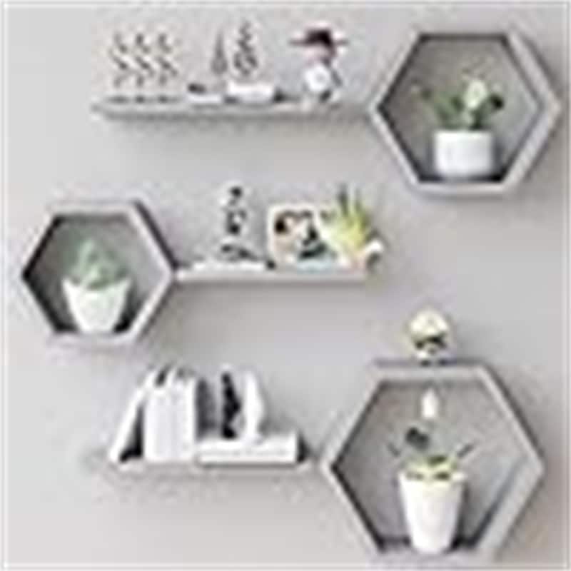 Floating Shelves Wall - 3.94"D x 12.99"W x 11.42"H - Grey Hexagon Shelves