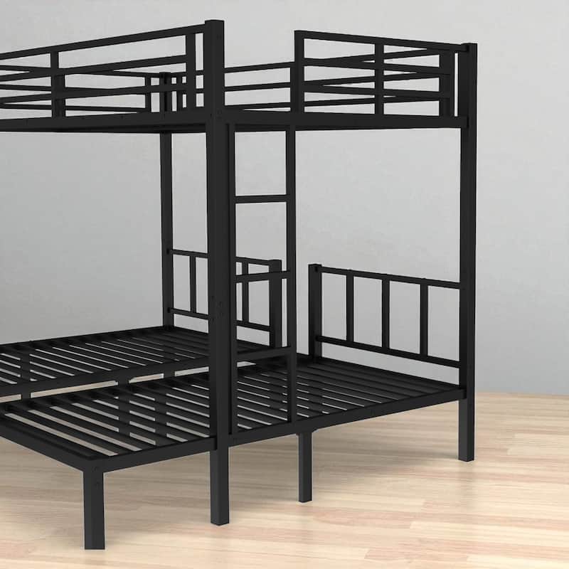 Metal Triple Bunk Bed, Twin Over Twin & Queen, Convertible to 3 Beds with Safety Rails, Ladder, and Shelf