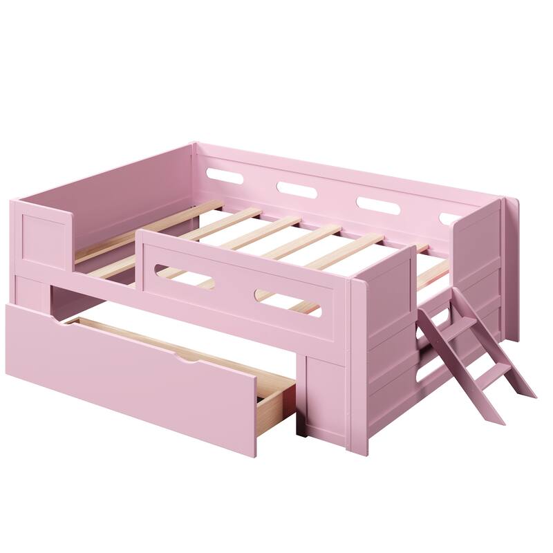 Kids Low Loft Bed with Stairs, Large Drawer and Guardrail, Semi-Enclosed Fence Platform Toddler Bed, Wooden Storage Daybed