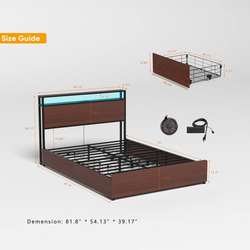 Queen Storage Bed Frame with LED Lights, USB Charging & 4 Drawers, Easy Assembly, Noise-Free