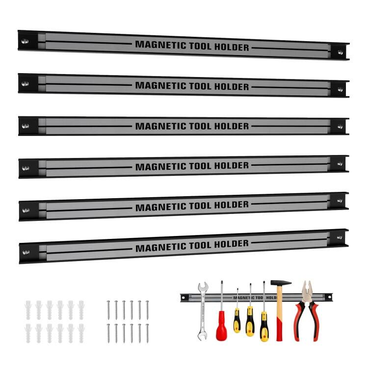 Carbon Steel Magnetic Tool Holder Set with 6 Strips - 18” x 1” x 0.5” - Silver
