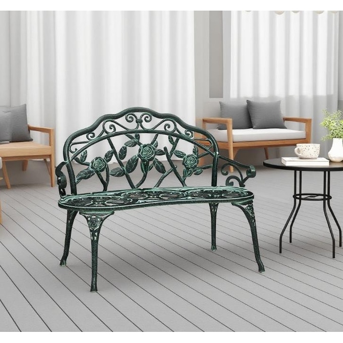 GDFStudio - Cast Aluminum Outdoor Bench with Armrests and Backrest for Patio