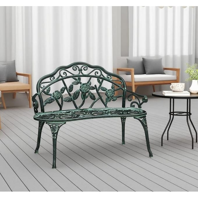 GDFStudio - Cast Aluminum Outdoor Bench with Armrests and Backrest for Patio - Green