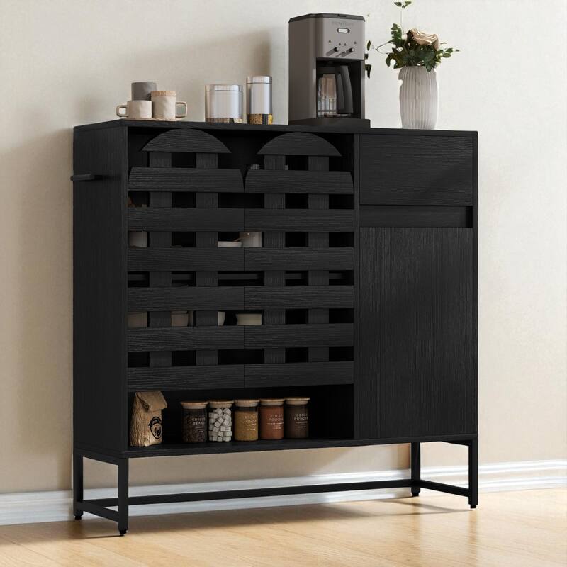 Rustic 44" Coffee Bar Cabinet with Storage, Farmhouse Buffet Console Table with Drawer and Arched Metal Lattice Doors - Black