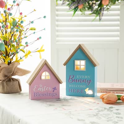 Glitzhome 6"/8"H Set of 2 Lighted Easter Wooden House-shaped Table Decor