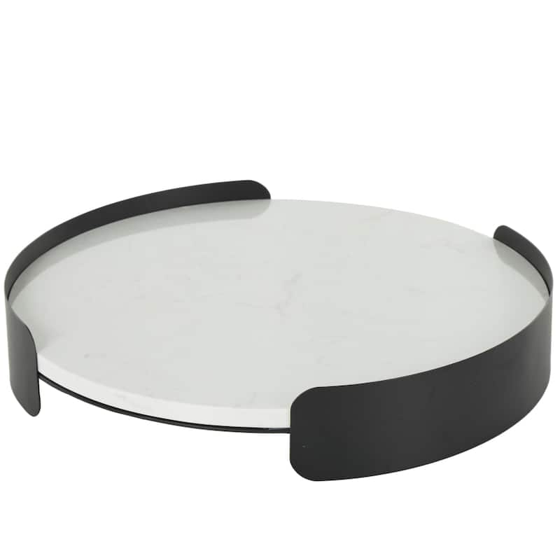 Marble Round Tray with Black Metal Frame - White - Roche River Decor - White - 16"W, 3"H