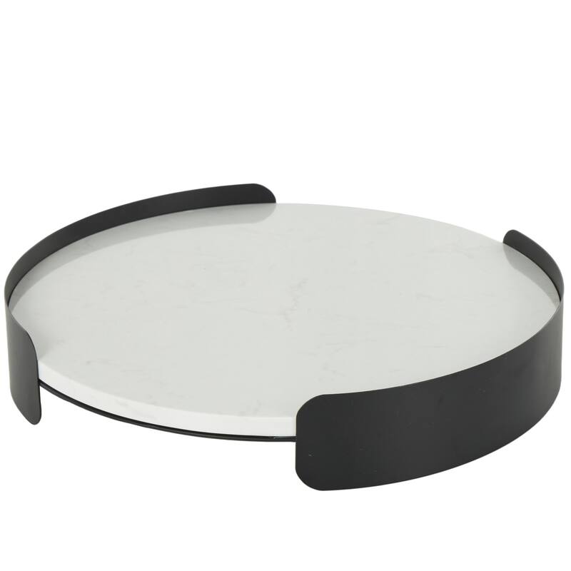 White Marble Round Living Room Decor Tray with Black Metal Frame