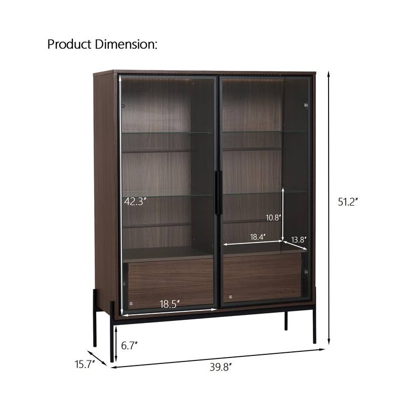 51.2" Modern Display Cabinet with Glass Doors, LED Lighting, Adjustable Shelves and 2 Storage Drawers