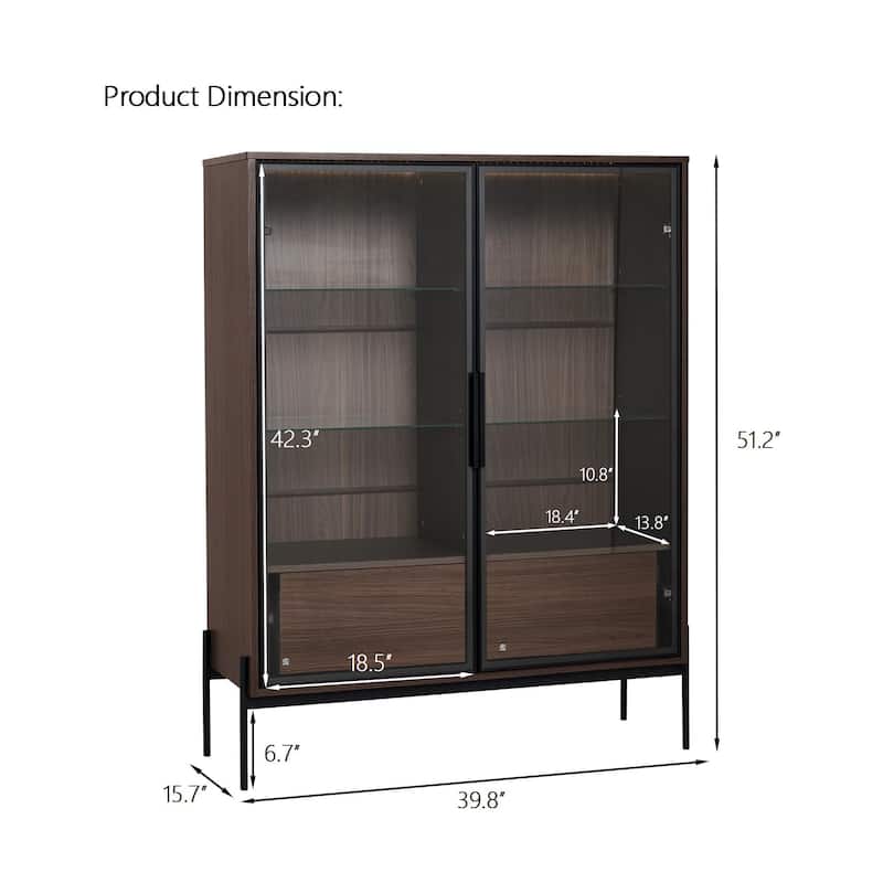 Roomfitters 51.2'' Display Cabinet with Glass Doors, Freestanding Curio Storage Cabinet with Adjustable Shelves for Office