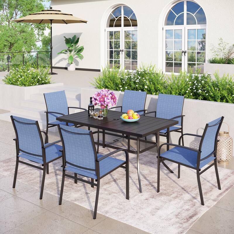 MAISON ARTS 7-Piece Patio Dining Set Metal Rectangle Table and 6 Textilene Chairs