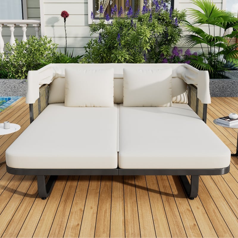 57" Outdoor Rattan Daybed with Canopy and Cushion