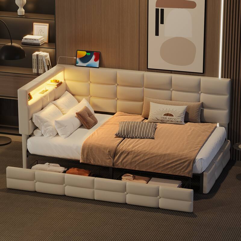 Twin Size Upholstered Daybed L-shaped Daybed with Storage Headboard, 2 Drawers, LED Lights, Charging Station, Linen Fabric