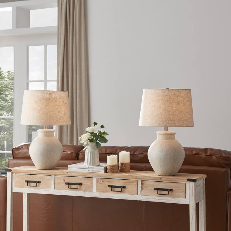 Acroma Avgust 24.25" Ceramic Table Lamp with Fabric Linen Shade - Set of 2
