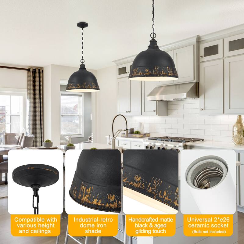 2-Light Farmhouse Pendant Light with Distressed Gold Dome Shade - 2-Lights