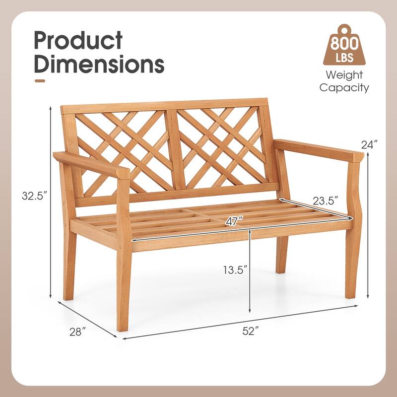 2-Person Patio Bench in Natural Teak Wood Outdoor Garden Seating with Backrest and Arm Support - 52” L x 27.5” W x 33” H