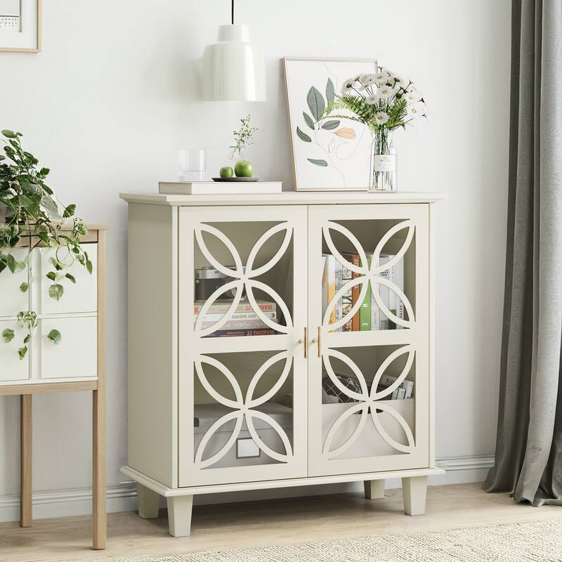Roomfitters Elegant Storage Cabinet with Geometric Glass Doors, Sideboard Buffet Organizer with Gold Handles, Cream