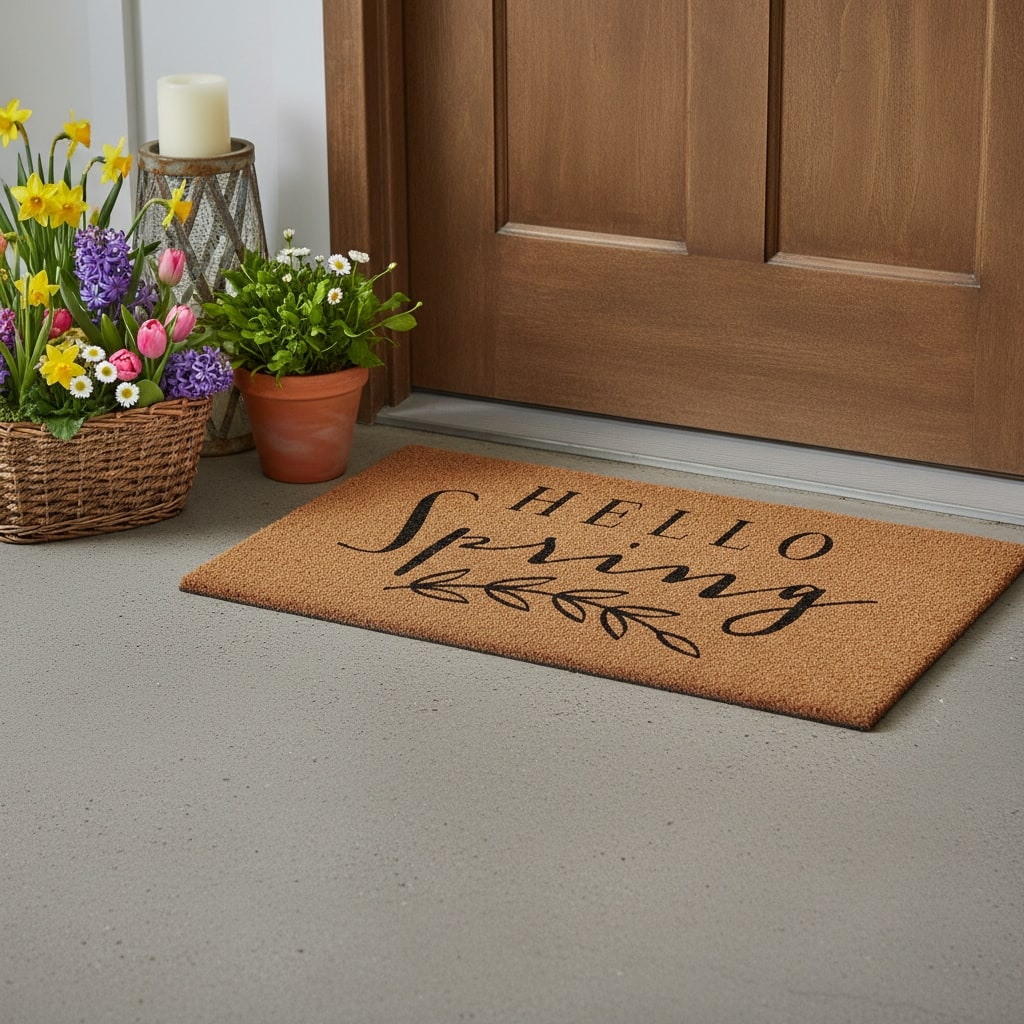 HomeRoots 24" X 36" Brown And Black Hello Spring Outdoor Coir Door Mat - 24.00' X '36.00