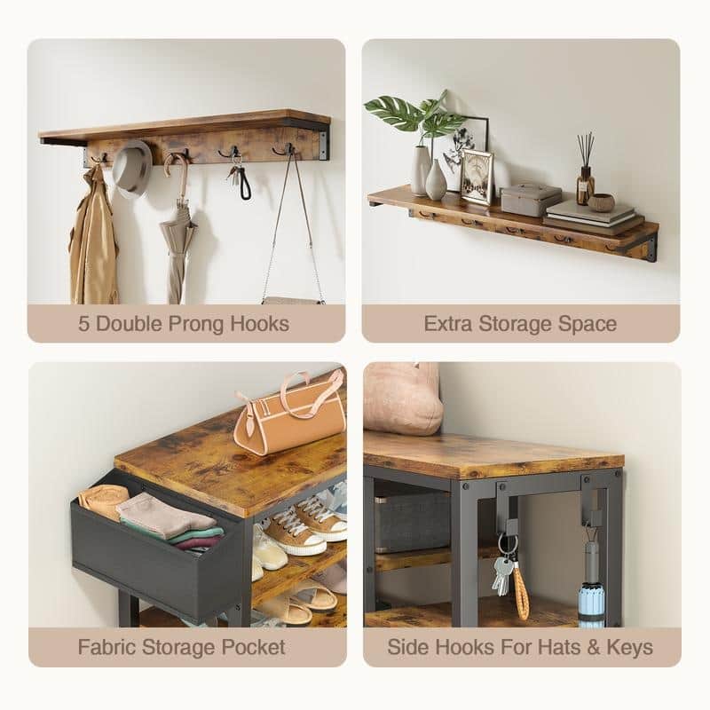 Industrial Hall Tree with 6 Hooks, Entryway Bench with Shoe and Coat Racks