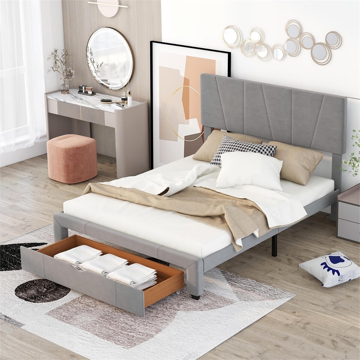 Merax Upholstery Platform Bed with One Drawer, Adjustable Headboard