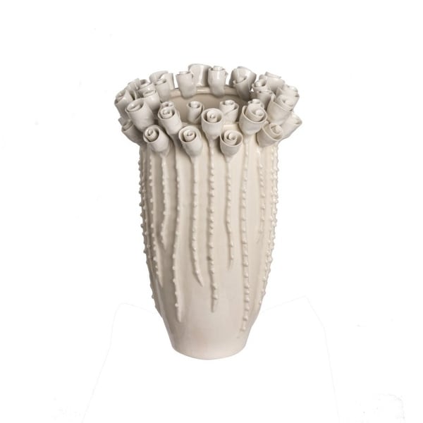 9.5" Cream White Floral Design Medium Marisol Vase - N/A