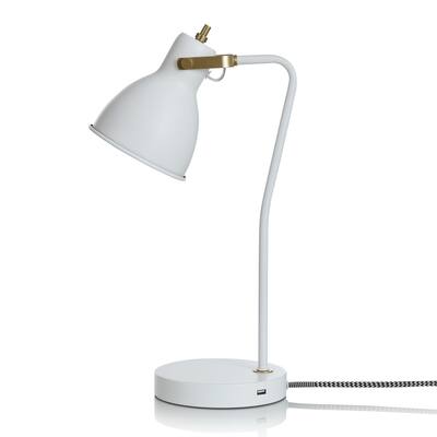 Metal Task Lamp With Adjustable Neck - USB Input On Base - White, Gold Finish - 18"H