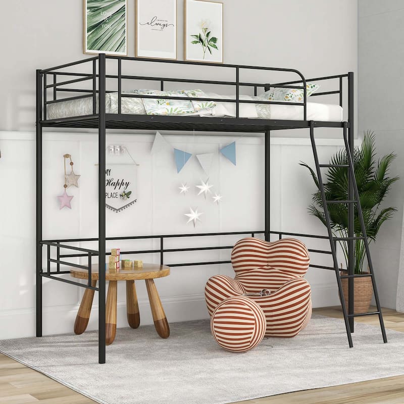 Twin Metal Loft Bed Frame w/ Ladder Loft Bed & Safety Guardrails