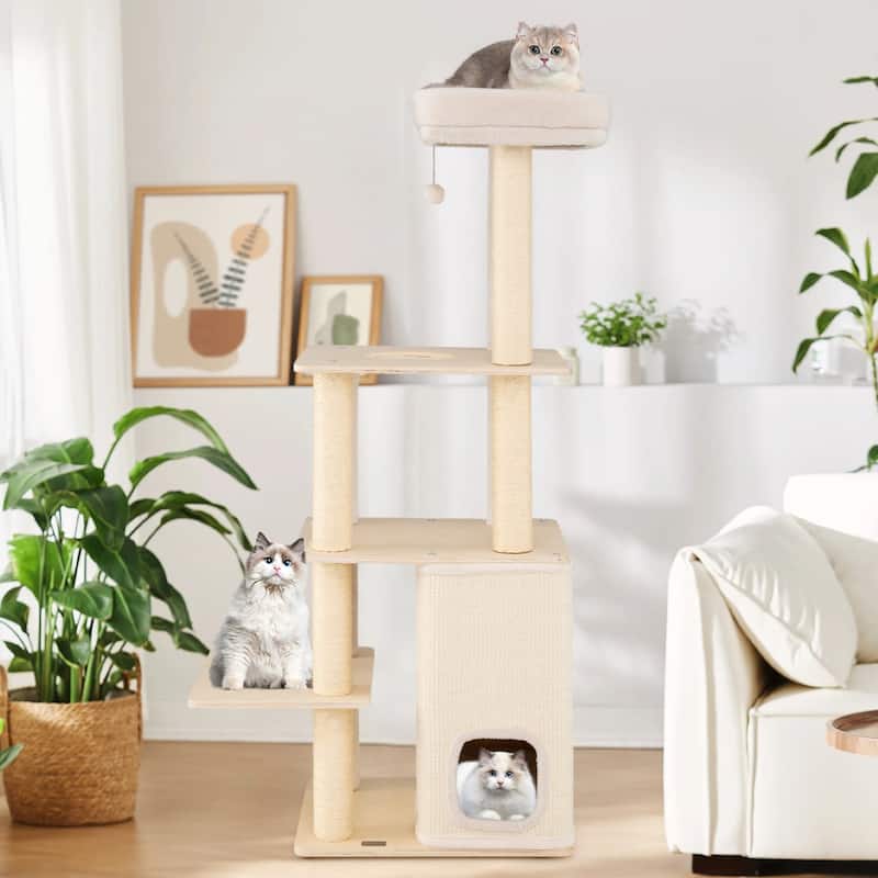 Gymax 63'' Tall Wooden Cat Tree w/2-Story Condo Plush Padded Top Perch