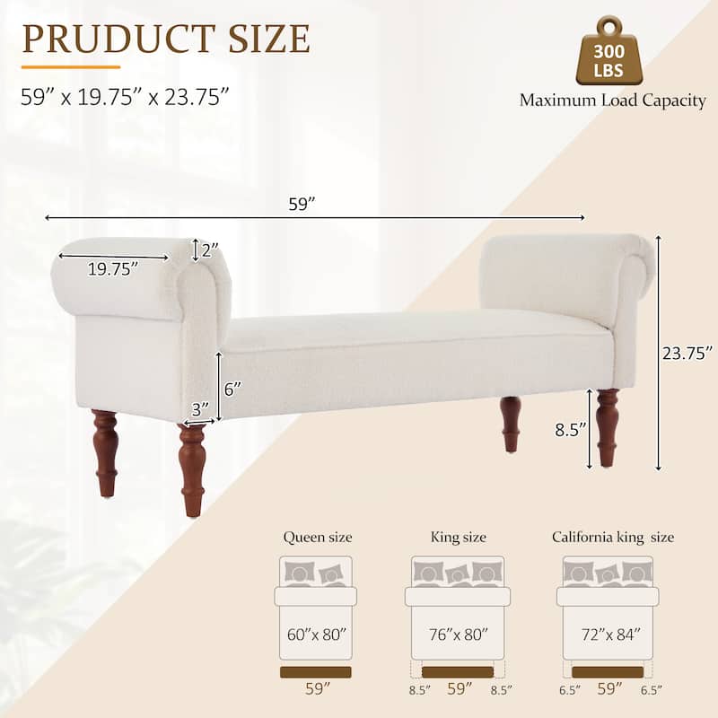 Christopher Knight Home - Elric Teddy Upholstered Bench with Rolled Arms and Solid Wood Legs