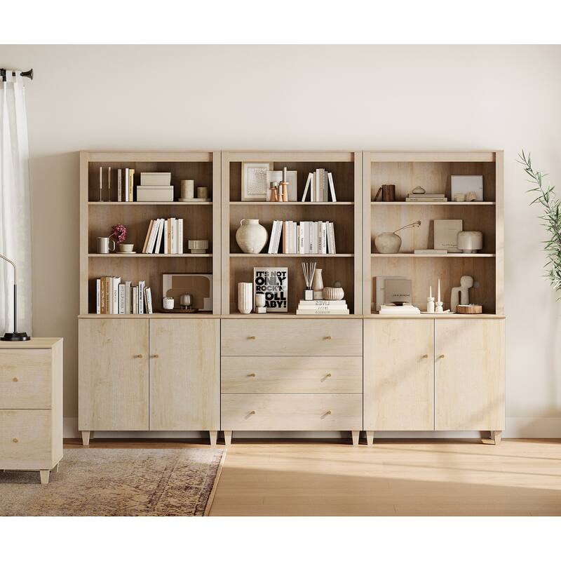 WAMPAT 71" Tall Bookshelf Set of 3, 5-Tier Modern Bookcase with 2 Cabinets and 3 Drawers for Living Room - Natural Oak