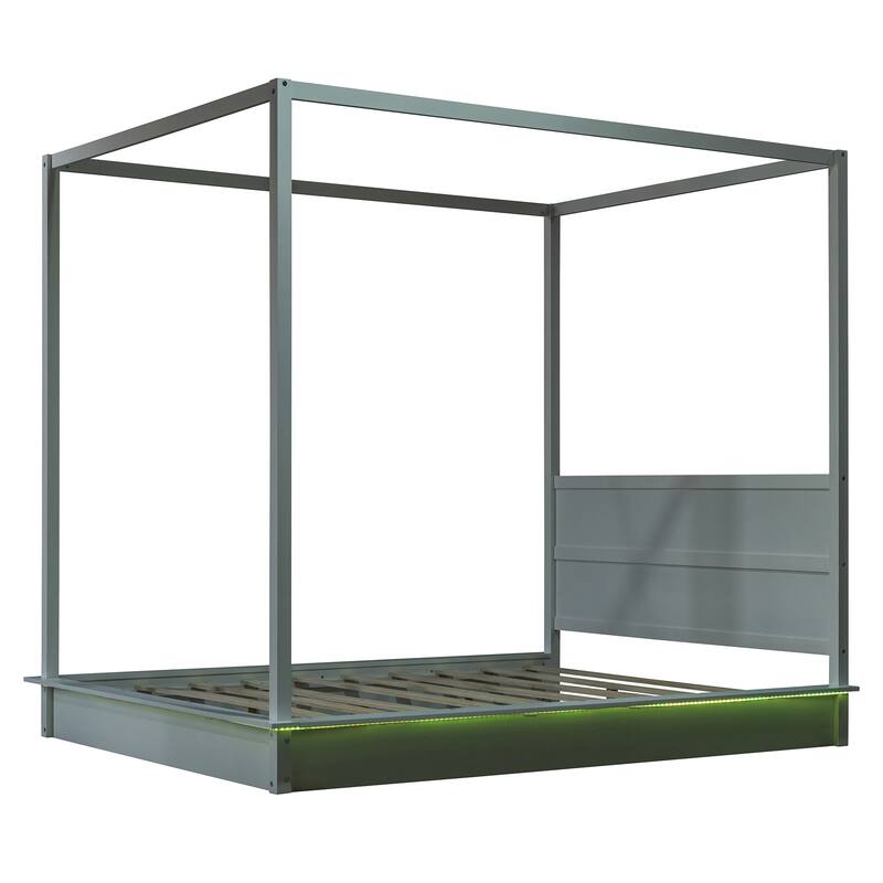 Queen Size Solid Wood LED Canopy Bed with 4-Post Frame and Headboard, Modern Floor Bed, Wooden Canopy Bed Frame for Bedroom