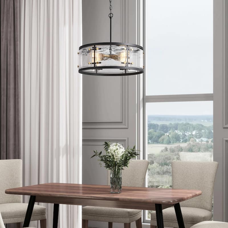 Laia Black 5-light Water Textured Glass Drum Pendant Chandelier - 19 inches in diameter x 16.3 inches H