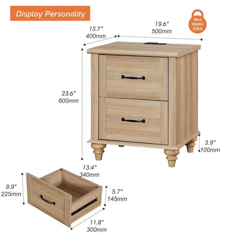 Mid Century End Table Nightstands with Charging Station & Drawer