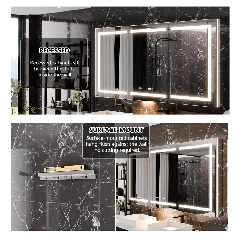 36'' H Recessed or Surface Mounted Bathroom LED Mirror Cabinet With Defogger, Dimmer, 10x magnifying