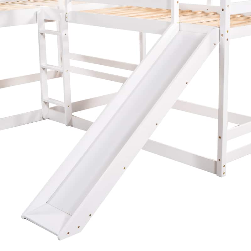 Full and Twin Size Low Bunk Bed with Slide & Short Ladder, Solid Wood 4-in-1 L-Shaped Bunk Bed Frame with Full-Length Guardrail