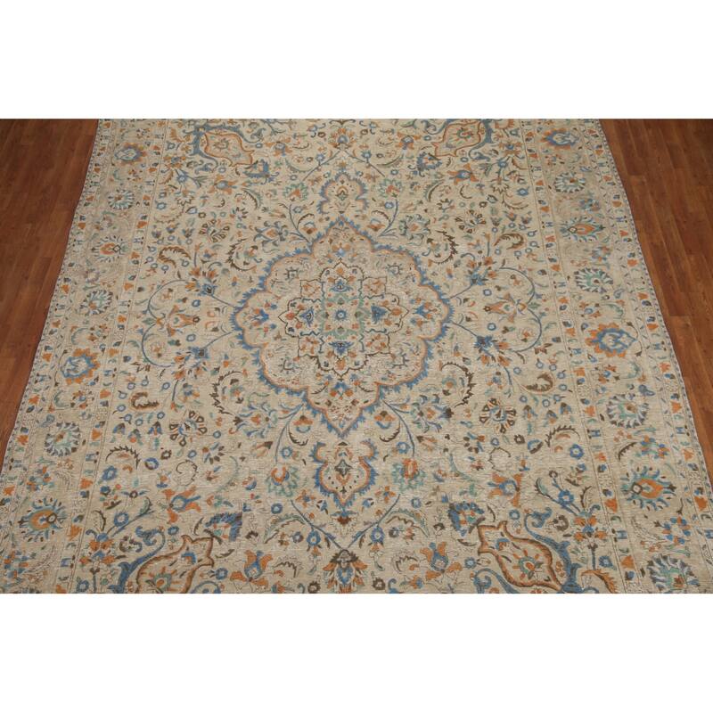 Hand Knotted Oriental 100% Wool Carpet Traditional Floral Beige & Ivories Tabriz Area Rug - 13' 1'' X 9' 9''