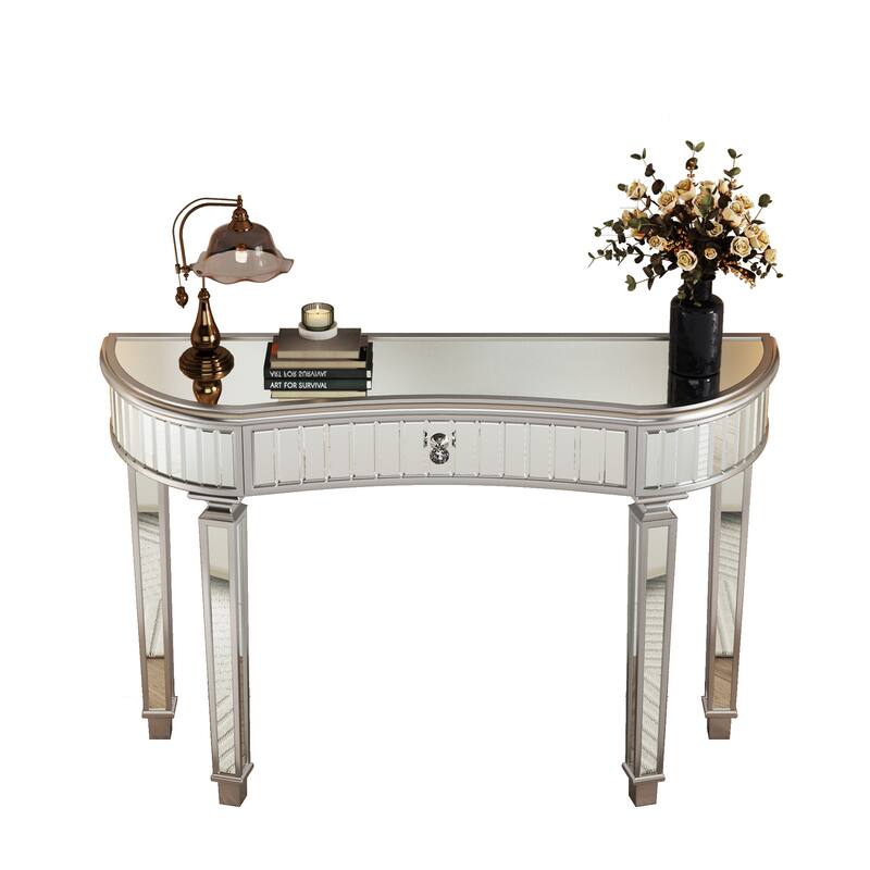 Half-Moon Mirrored Makeup Table Console Table with Fluted Glass Panels, Entryway Accent Table with Crystal Knob Drawer