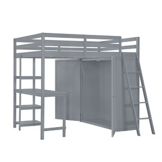 Lodge Design Full Size Loft Bed with Wardrobe and Desk,Solid Wood Design
