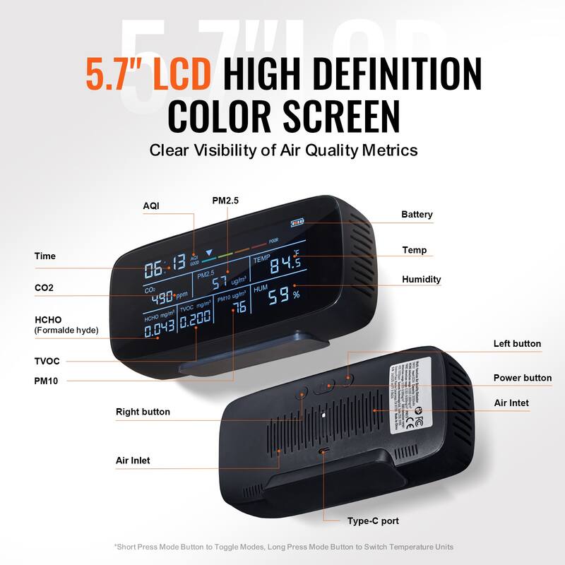 Air Quality Monitor 9-IN-1 for Indoor/Outdoor, Air Quality Meter w/Alarm Thresholds