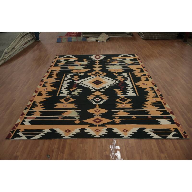 Hand Woven Oriental 100% Wool Carpet Southwestern Tribal Black Kilim Area Rug - 13' 1'' X 9' 10''