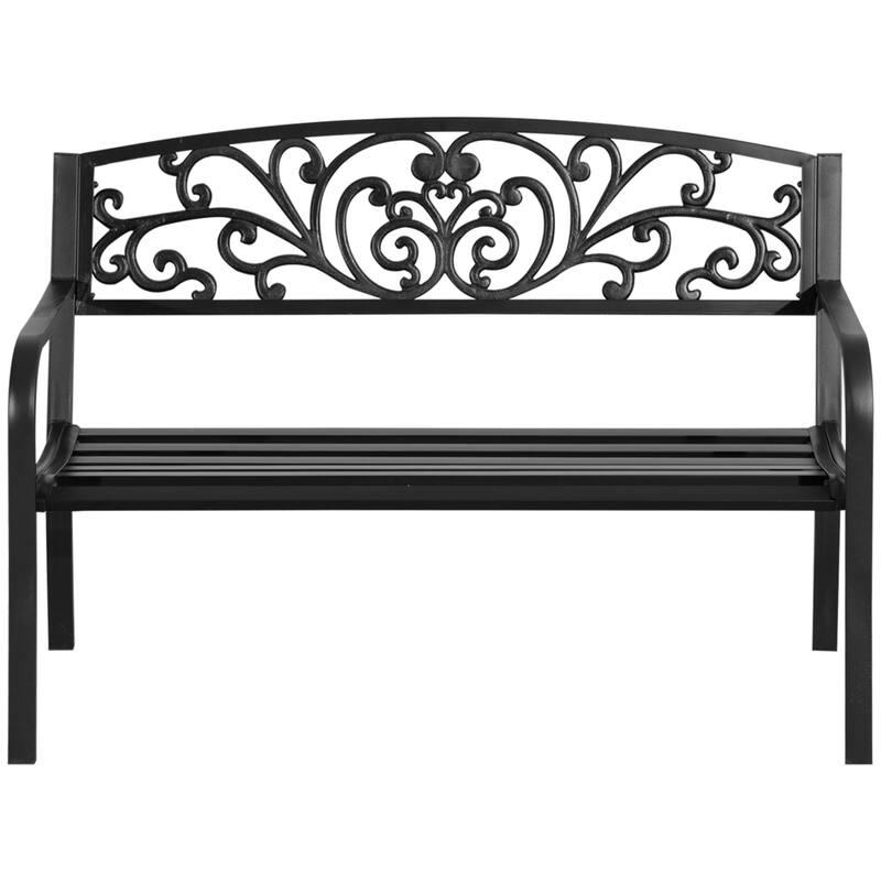 Elegant Leisure Bench Entryway Bench with Floral Decorated Backrest, Hallway Bench Porch Bench Patio Bench with Armrests