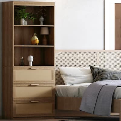 Rattan Bookcase with 3 Drawers and 3-Tier Open Shelves, Wooden Bookshelf