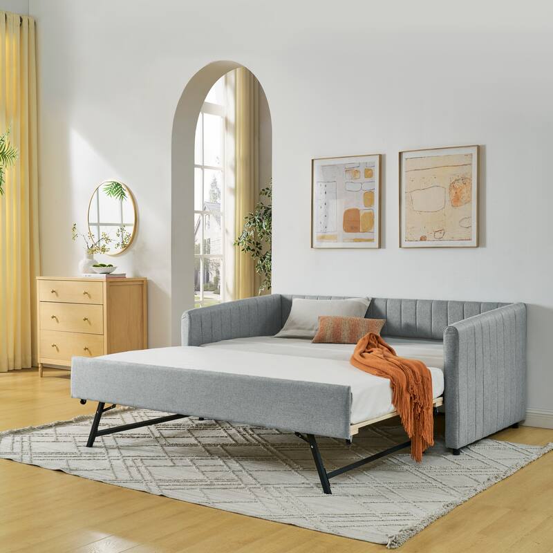 Twin/Full Size Daybed with Trundle, Upholstered Sofa Bed with Vertical Stripes, Linen Fabric, Comfortable Seating for Bedroom