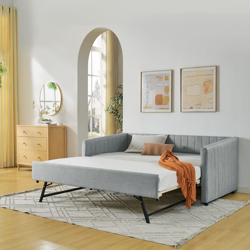 Twin Size Linen Upholstered Daybed with Trundle - Vertical Striped Sofa Bed with Foam Padding - Grey