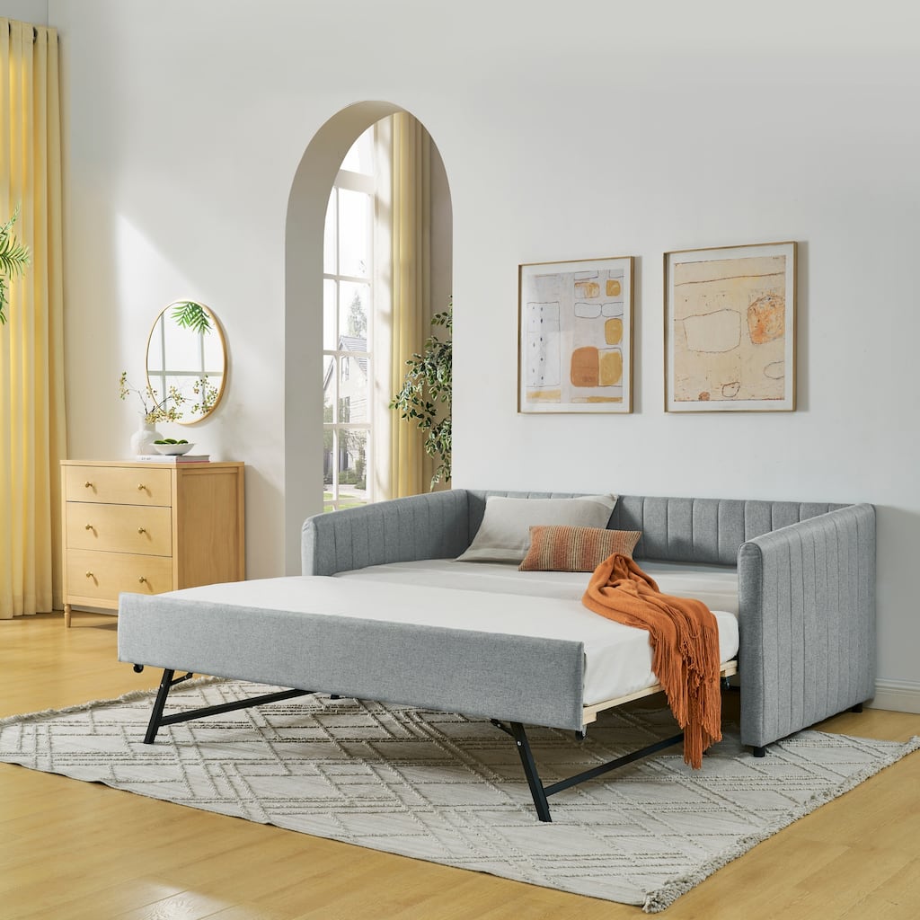 Twin Size Linen Upholstered Daybed with Trundle - Vertical Striped Sofa Bed with Foam Padding