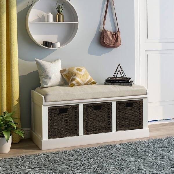 Shop Black Friday Deals On White Entryway Bench Storage With Basket And Removable Cushion On Sale Overstock 30992747