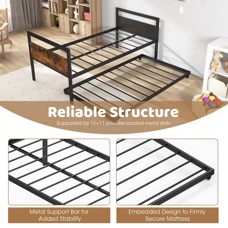 Costway Twin Metal Daybed with Trundle Lockable Wheels Heavy Duty