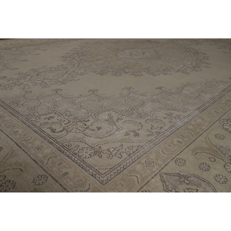 Traditional Beige Tabriz Persian Vintage Rug Handmade Wool Carpet - 9'7" x 12'6"